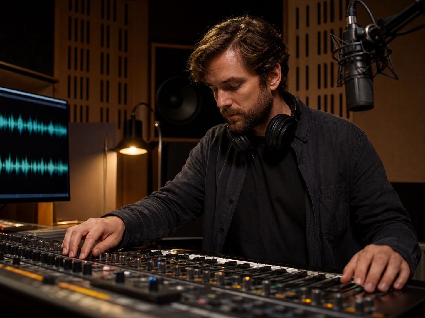 Fonico in studio di registrazione durante il sound design e la colonna sonora di un cortometraggio