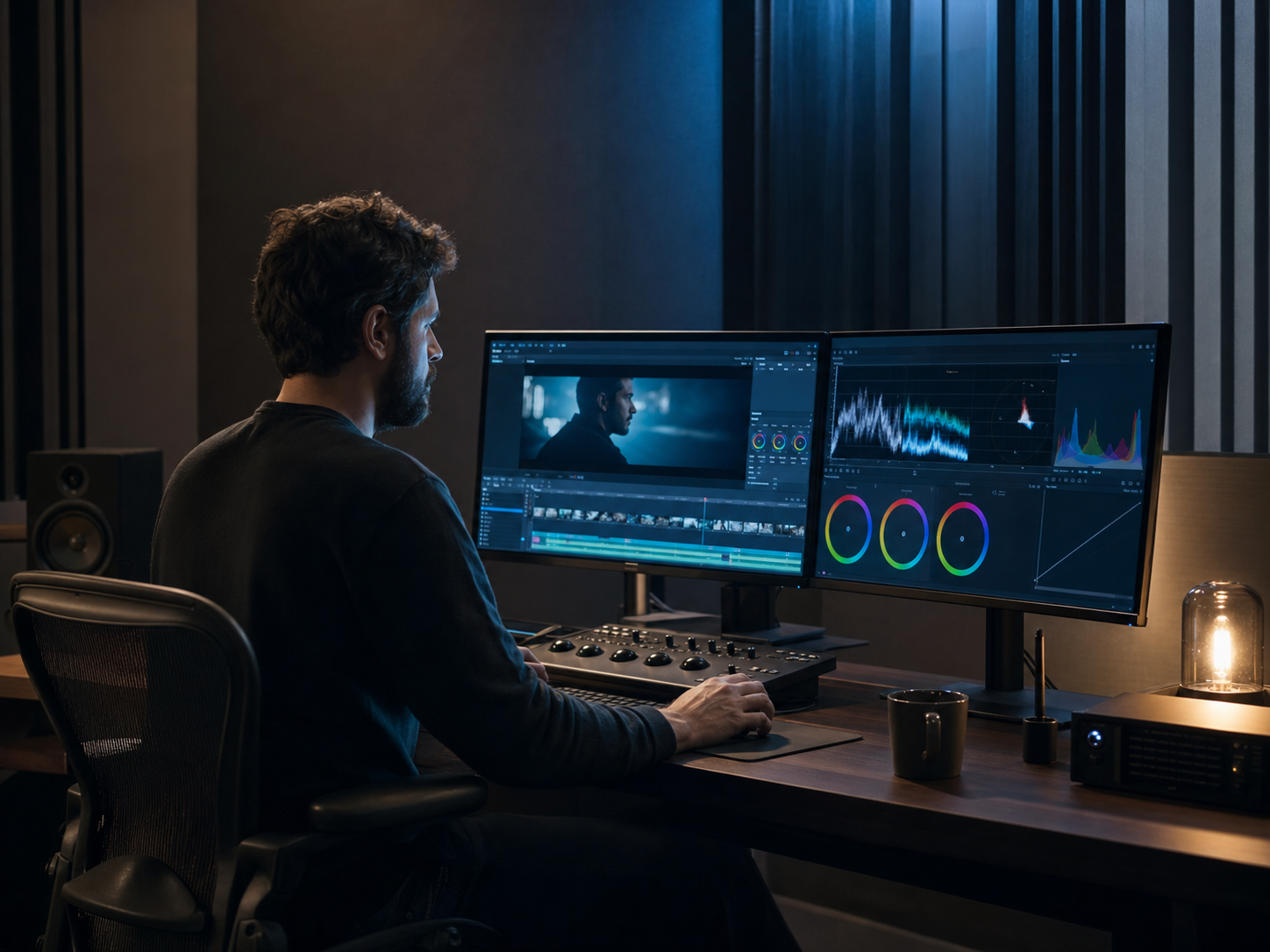 Editor video al lavoro su una postazione di montaggio con monitor per il color grading