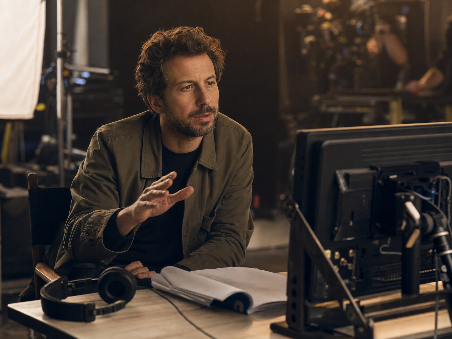 Regista al lavoro con sceneggiatura e monitor di regia sul set di un cortometraggio