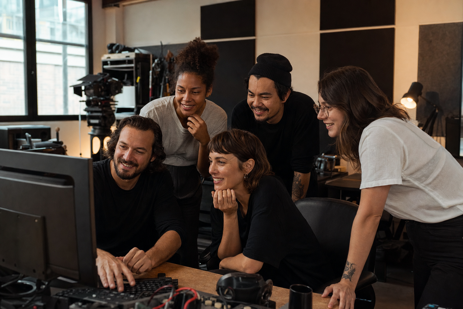 Team dello studio Cortometraggio riunito in sala di regia davanti ai monitor di editing